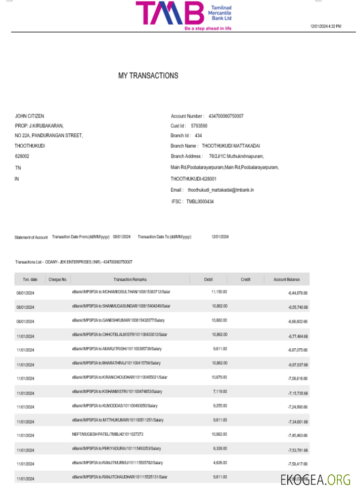 Modèle Word et PDF de relevé bancaire Inde TAB, 2 pages